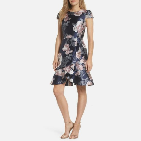 NWT Eliza J  Floral Jacquard Ruffled Dress Navy Size 2 - Picture 1 of 10
